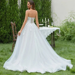 Popular Strapless V-neck 3D Flower Lace Applique A Line Wedding Dresses Sweep Train Custom Made 2025 Vestido De Noival