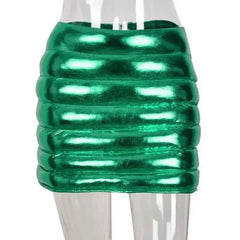 Green Women's Puffer Skirt Metallic Shiny Warm Quilted Mini A-line - Femstylo