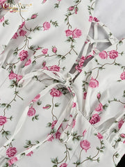 Clacive Summer Slim Print Women's Dress 2024 Sexy V-Neck Short Sleeve Mini Dresses Elegant High Waist Pleated Female Dress