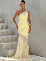 Mozision One Shoulder Backless Sexy Maxi Dress Women Gown Fashion Patchwork Sleeveless Bodycon Club Party Long Dress Elegant