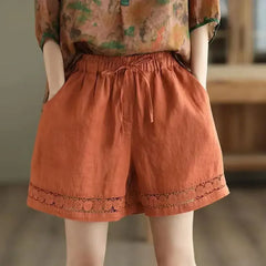 Cotton Linen Vintage High-Waist Elastic New Style Tie-Belt Embroidered Hollow Casual Straight Shorts