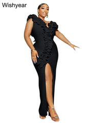 Sexy Night Sleeveless Off Shoulder Wooden Ear Edge Ruffles Bodycon Split Red Midi Dress Women Evening Birthday Party Vestidos