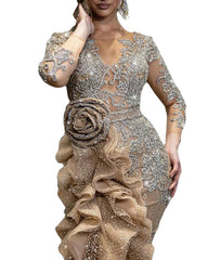 Women Elegant Luxurious Gold Sequins Evening Dress Sheer Sleeve Round Neck Ruffle Irregular Sexy High Split Wedding Maxi Dresses