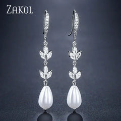 ZAKOL Fashion Round Imitation Pearls Drop Earrings for Women Shinny Zirconia Crystal Leaf Long Bridal Earring Wedding Jewelry