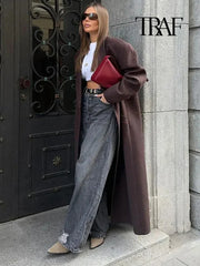 TRAF Women Fashion Solid Color Wool Lengthened Coat Elegant Warm Street Coat Autumn and Winter Retro Pocket Double-Breasted Coat