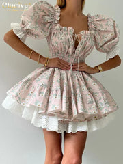 Clacive Summer Slim Print Women's Dress Fashion Slash Neck Short Sleeve Mini Dresses Elegant High Waist Patchwork Female Dress