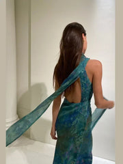 Sexy See Through Deep V Neck Maxi Dress Backless Sleeveless Lace Up Halter Robes Printed Party Vestidos 2025 New Lady Dresses