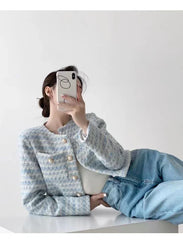 ITOOLIN Autumn Winter Women Elegant Tweed Cardigan Short Coat With Pocket Single Breasted Jacket For Women Loose Outwear 2024