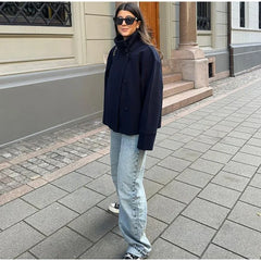 Stand Collar Women Winter Woolen Coats 2025 Autumn Single Breasted Loose Female Long Sleeve Jacket Office Lady Street Short Coat