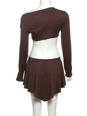 Whatiwear Hollow Waistless Dress Women Skew Collar Off Shoulder Full Sleeve Rings Patchwork Ruched Elegant Fashion Mini Bodycon