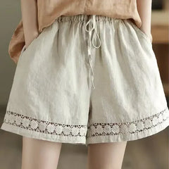 Cotton Linen Vintage High-Waist Elastic New Style Tie-Belt Embroidered Hollow Casual Straight Shorts