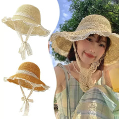 Summer Women's Lace Straw Beach Hat Foldable Sun Hat with Wide Brim Fresh Stylish Sunblock Shade Hat Perfect for Travel Holiday