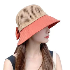 Summer Women Bucket Hat UV Protection Sun Hats Soft Foldable Wide Brim Outdoor Beach Hat Panama Cap Ponytail Cap