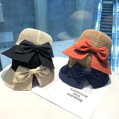 Summer Women Bucket Hat UV Protection Sun Hats Soft Foldable Wide Brim Outdoor Beach Hat Panama Cap Ponytail Cap