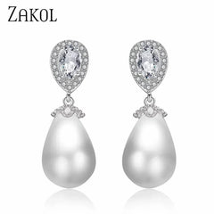 ZAKOL Stylish Teardrop Imitation Pearl Dangle Earrings Water Drop Cubic Zirconia for Women Bridal Earring Wedding Jewelry Bijoux