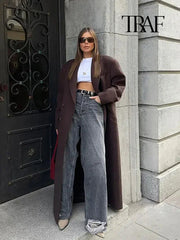 TRAF Women Fashion Solid Color Wool Lengthened Coat Elegant Warm Street Coat Autumn and Winter Retro Pocket Double-Breasted Coat