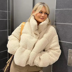 PB&ZA2023 Autumn and Winter New Women's Lamb Wool Short Cotton Coat Standing Collar Thickened Warm Bread Coat Cotton Coat