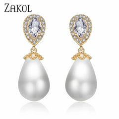 ZAKOL Stylish Teardrop Imitation Pearl Dangle Earrings Water Drop Cubic Zirconia for Women Bridal Earring Wedding Jewelry Bijoux