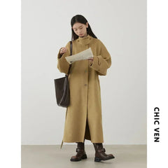 CHIC VEN Korean Women Woolen Coat Single Breasted Loose Stand Collar Belt Long Double-sided Ladies Overcoat Autumn Winter 2024