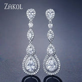 ZAKOL Luxury Water Drop Cubic Zircon Long Dangle Earrings for Women Bridal Wedding Jewelry Dress EP2114