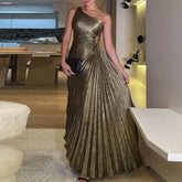 Sexy Symmetrical Hollow Pleats Long Dress Lady Fashion Slanted Neck High Waist Party Dress Elegant Temperament Solid Party Dress