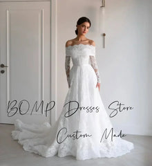 BOMP Elegant Lace Wedding Dress Sweetheart Off Shoulder Full Sleeves Sweep Train Ivory Bridal Gown Customized Robe De Mariée