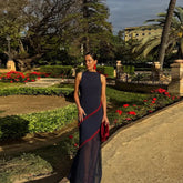 2025 New Lady Elegant Maxi Dress See Through Spliced Dress O Neck Sleeveless Fashion Party Robes Tassel Side Hem Fork Vestidos