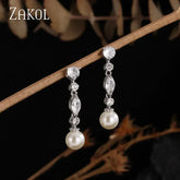 ZAKOL White Teardrop Pearl Dangle Earrings for Women Shiny Cubic Zirconia Earring Bridal Wedding Jewelry Valentine's Day Gift