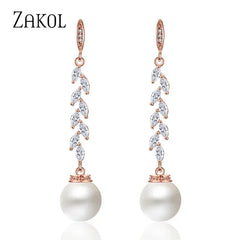 ZAKOL Fashion Round Imitation Pearls Drop Earrings for Women Shinny Zirconia Crystal Leaf Long Bridal Earring Wedding Jewelry