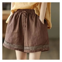 Cotton Linen Vintage High-Waist Elastic New Style Tie-Belt Embroidered Hollow Casual Straight Shorts
