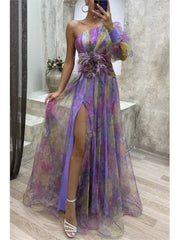 Elegant Oblique Shoulder Single-sleeve Zipper High Slit Mesh Long Dress For Women Fashion Flower Decoration Party Dress Female