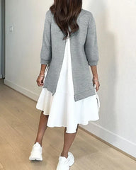 Spring Women O-Neck Long Sleeve Loose Mini Dress Autumn Vintage Sweatshirt Dresses Casual Fashion Patchwork Ruffles A-Line Dress