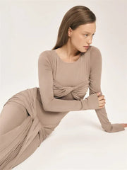 Tossy Female Pleated Sexy Maxi Dress Patchwork Twist Slim Long Sleeve Solid Y2k Autumn Streetwear Dress Women's Bodycon Dress