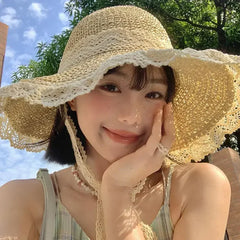 Summer Women's Lace Straw Beach Hat Foldable Sun Hat with Wide Brim Fresh Stylish Sunblock Shade Hat Perfect for Travel Holiday