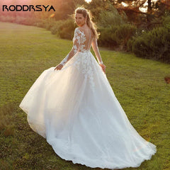 RODDRSYA Customized Wedding Dress Women Long Sleeves Illusion Back Scoop Bride Gown Applique A-Line Tulle Boho vestidos de novia