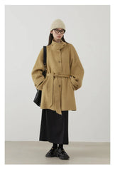 CHIC VEN Korean Women Woolen Coat Single Breasted Loose Stand Collar Belt Long Double-sided Ladies Overcoat Autumn Winter 2024