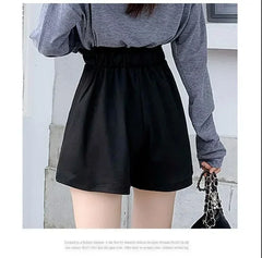 Summer Lightweight Black Casual Sports Pants Women Student Loose High-Waist Wide-Leg Shorts