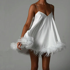 Combhasaki Women Solid Color Feather Trim V-Neck Chain Spaghetti Straps Sling Mini Dress Summer Sleeveless Backless vestido