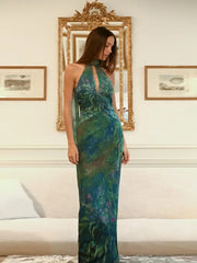 Sexy See Through Deep V Neck Maxi Dress Backless Sleeveless Lace Up Halter Robes Printed Party Vestidos 2025 New Lady Dresses