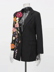 TWOTWINSTYLE Hit Color Spliced Appliques Fashion Blazers for Women Lapel Long Sleeves Patchwork Bead Temperament Blazer Female