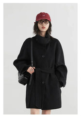 CHIC VEN Korean Women Woolen Coat Single Breasted Loose Stand Collar Belt Long Double-sided Ladies Overcoat Autumn Winter 2024