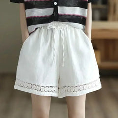 Cotton Linen Vintage High-Waist Elastic New Style Tie-Belt Embroidered Hollow Casual Straight Shorts