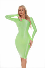Sexy Women Oil Glossy Shiny Tight Pencil Dress Stain Smooth Bodycon Dress Elastic Push Up Packet Hip Stretch Step Dress
