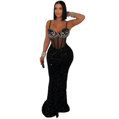 Long Dress Women Sexy Party Dresses Sling Bodycon Vestidos Streetwear Club Sequin Hot Drilling Elegant High Waist Y2k Evening