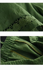 Cotton Linen Vintage High-Waist Elastic New Style Tie-Belt Embroidered Hollow Casual Straight Shorts