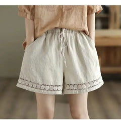 Cotton Linen Vintage High-Waist Elastic New Style Tie-Belt Embroidered Hollow Casual Straight Shorts