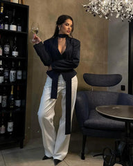 Tuularose Stripe Tailored Coat For Women Lace Up V Neck Long Sleeves Coat Female Fashion Elegant High-End Formal Tailored Coat