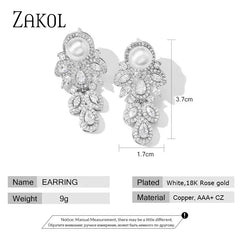 ZAKOL New Fashion CZ Zirconia Crystal Leaf Dangel Earrings for Women Luxury Bridal Wedding Party Jewelry