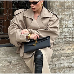 Women Lapel Lace Up Long Windbreaker Full Sleeve Shawl Waist Cinching Single Breasted Coats Lady Elegant Casual High Street Coat