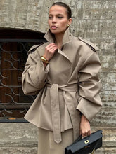 Women's Lace-up Cropped Trench Coat Chic Collar Long Sleeves Lapel Wide Shoulder Windbreaker Jacket Fall Commuting Daily Jackets
